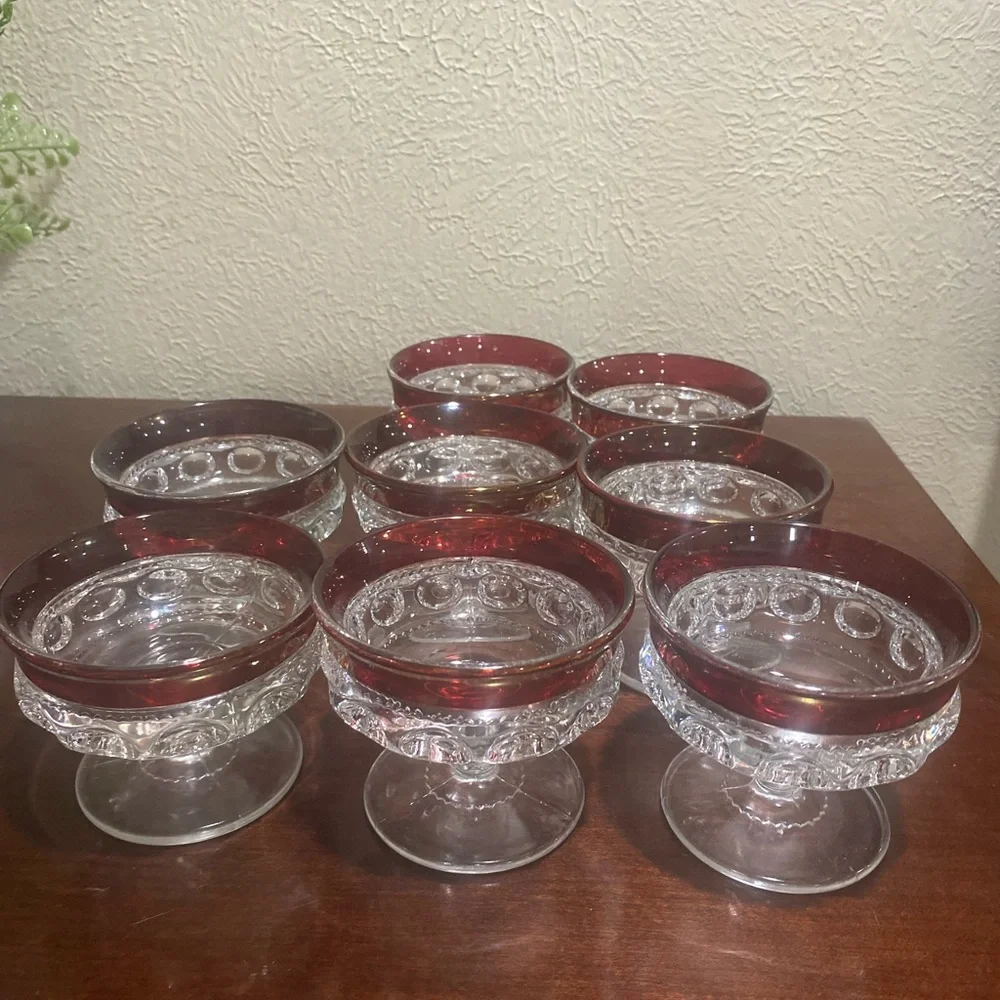 Vintage, Set of 8, Indiana Glass Co. Kings Crown Ruby Flashed Desert Glasses - Picture 1 of 5